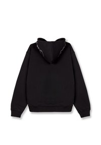 Schwarzer Hoodie mit weicher Textur und Kängurutasche. Verfügt über eine Kapuze mit Kordelzug und dezenter weißer Grafikdetails auf der Kapuze.