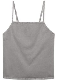Siva, bezrukavna majica od teksturiranog materijala. Ima tanke trakice i ravno izrezan rub. Minimalistički dizajn bez uzoraka ili akcenta.