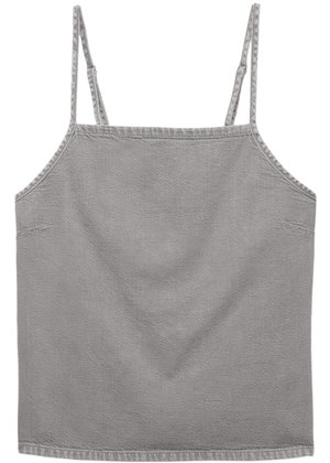 Graues, ärmelloses Tanktop aus strukturiertem Stoff. Mit dünnen Trägern und geradem Saum. Minimalistisches Design ohne Muster oder Akzente.