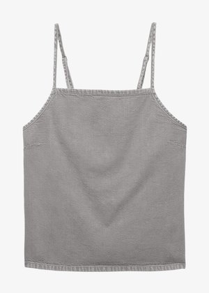 Top grigio senza maniche realizzato in tessuto testurizzato. Presenta sottili spalline e un orlo dritto. Design minimalista senza motivi o dettagli.