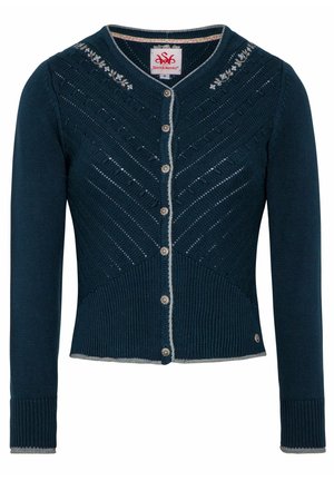 Cardigan tricoté bleu marine avec un col en V, motif floral décoratif le long des épaules, accents argentés et fermeture à boutons sur le devant.