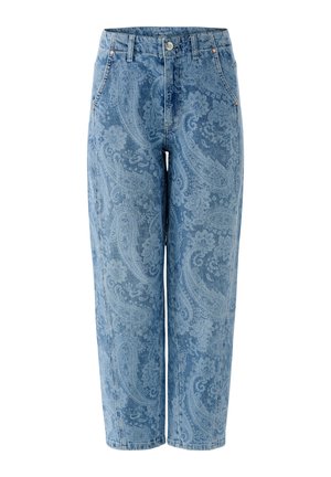 Blue high-waist relaxed-fit jeans with a subtle paisley floral print, front button and zipper closure, and side pockets.