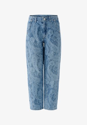 Blaue Jeans mit hohem Bund und lockerem Sitz, mit dezentem Paisley-Blumenmuster, vorderem Knopf- und Reißverschluss sowie Seitentaschen.