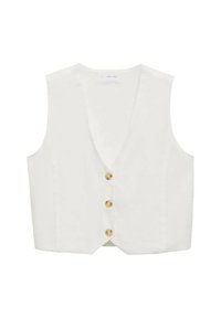 Bijela bezrukavna majica s dubokim V-izrezom, koja ima četiri okrugla gumba na prednjem dijelu. Glatka, lagana tkanina s jednostavnim dizajnom.