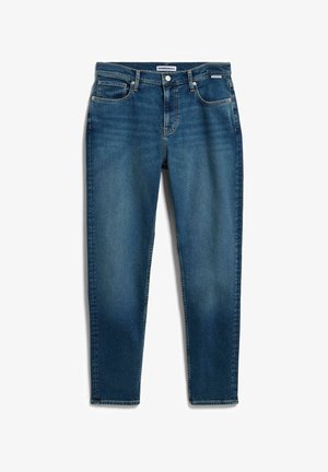 Blaue Skinny-Jeans aus Denim mit Fronttaschen, Gürtelschlaufen, Knopfverschluss und dezentem Verblassen an Oberschenkeln und Knien.