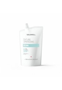 Goldwell Texture Dimensions permanent, 500 ml zak, wit met blauwe accenten, heeft een knijptop voor het doseren. Duidelijke productlabeling.