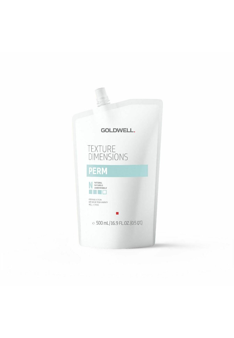 Goldwell Texture Dimensions permanent, 500 ml zak, wit met blauwe accenten, heeft een knijptop voor het doseren. Duidelijke productlabeling.