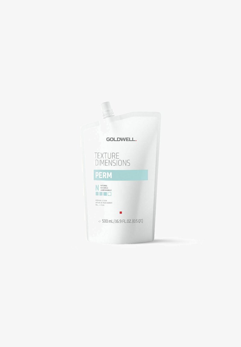 Goldwell Texture Dimensions permanent, 500 ml zak, wit met blauwe accenten, heeft een knijptop voor het doseren. Duidelijke productlabeling.