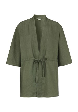 Olivgrüne Leinenjacke im Kimono-Stil mit weiten Ärmeln und einem vorderen Bindegürtel, offenem Ausschnitt und lockerer Passform.