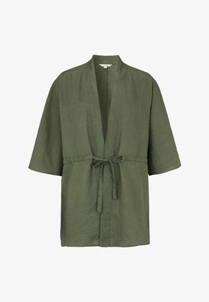 Olijfgroene linnen kimono-achtige jas met wijde mouwen en een tailleceintuur aan de voorkant, open halslijn en een ontspannen pasvorm.