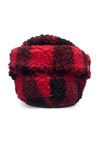Rood en zwart geruit fleece bucket hat met een zachte, gestructureerde oppervlakte en een ronde vorm. Beschikt over een opvouwbare rand en geen zichtbare branding.