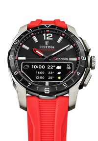 Reloj inteligente de titanio con una esfera negra, acentos rojos y una correa de goma roja. Presenta una pantalla digital con información del clima y la hora.