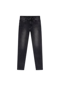 Svarta denimjeans med slim fit, med en blekt tvätt, fem fickor och frontknäppning. Slät textur med standard sömmar.