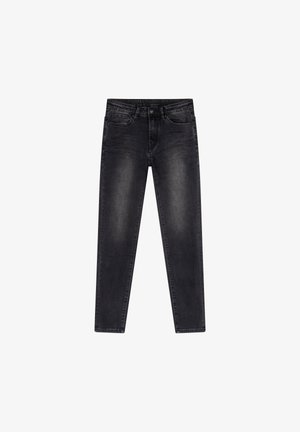 Zwarte denim jeans met een slim fit, voorzien van een vervaagde was, vijf zakken en sluiting met knoop aan de voorkant. Gladde textuur met standaard stiksels.