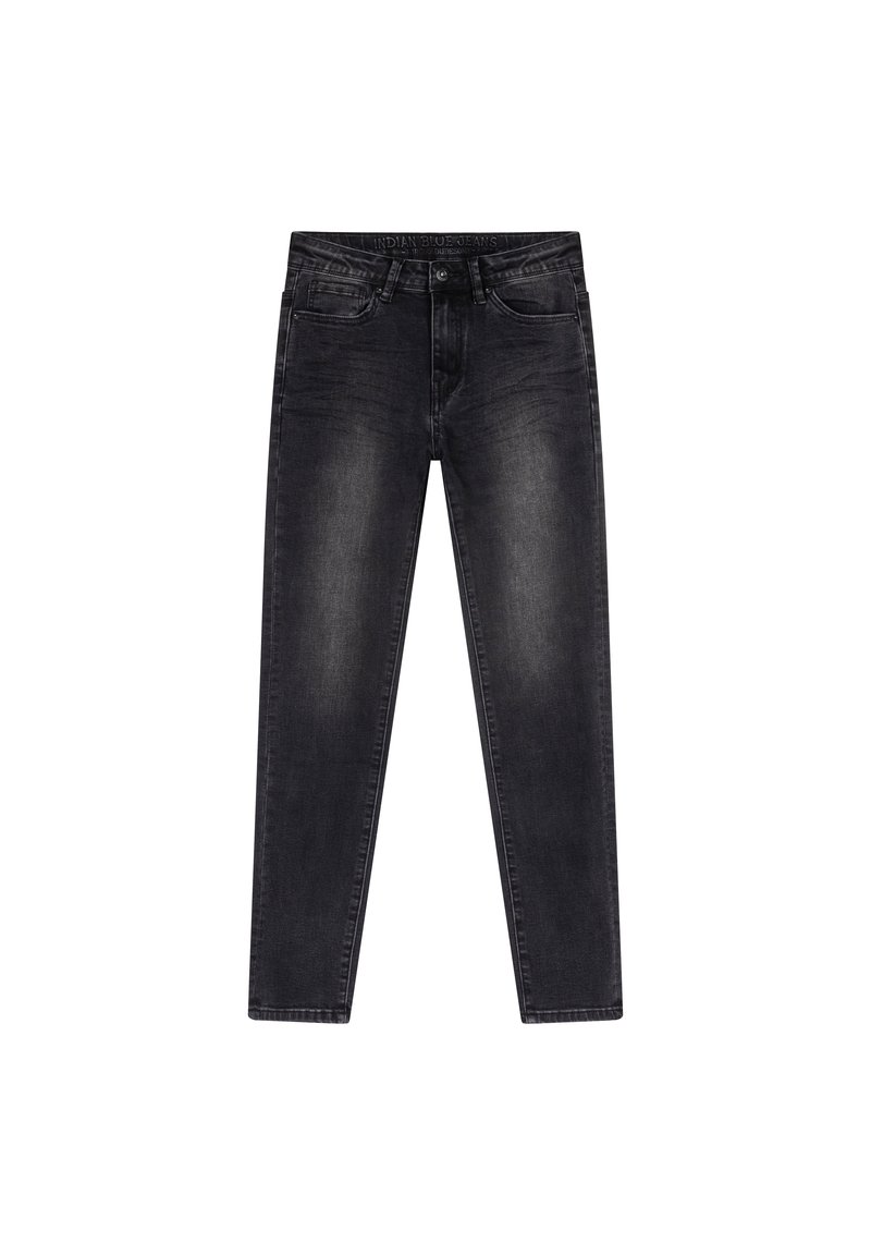 Svarta denimjeans med slim fit, med en blekt tvätt, fem fickor och frontknäppning. Slät textur med standard sömmar.