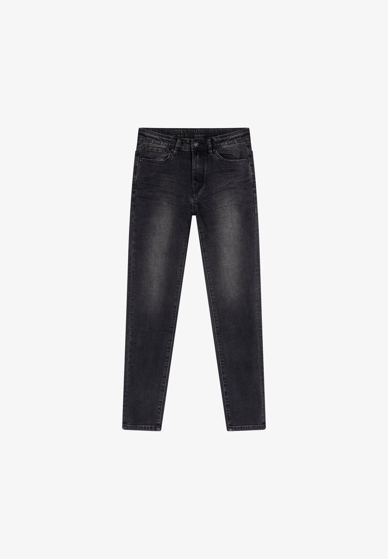 Svarta denimjeans med slim fit, med en blekt tvätt, fem fickor och frontknäppning. Slät textur med standard sömmar.