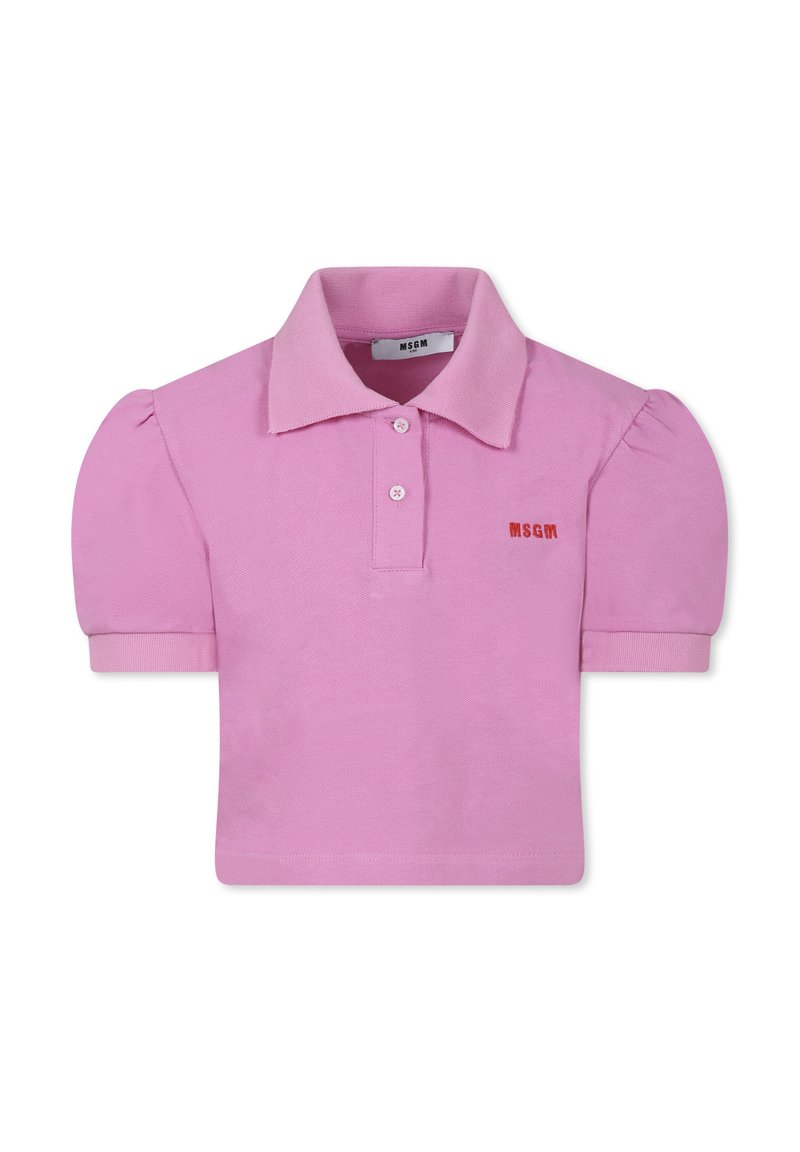Polo shirt in cotone rosa chiaro con maniche a sbuffo corte, colletto e patta con tre bottoni. Presenta il logo rosso "MSGM" sul petto.