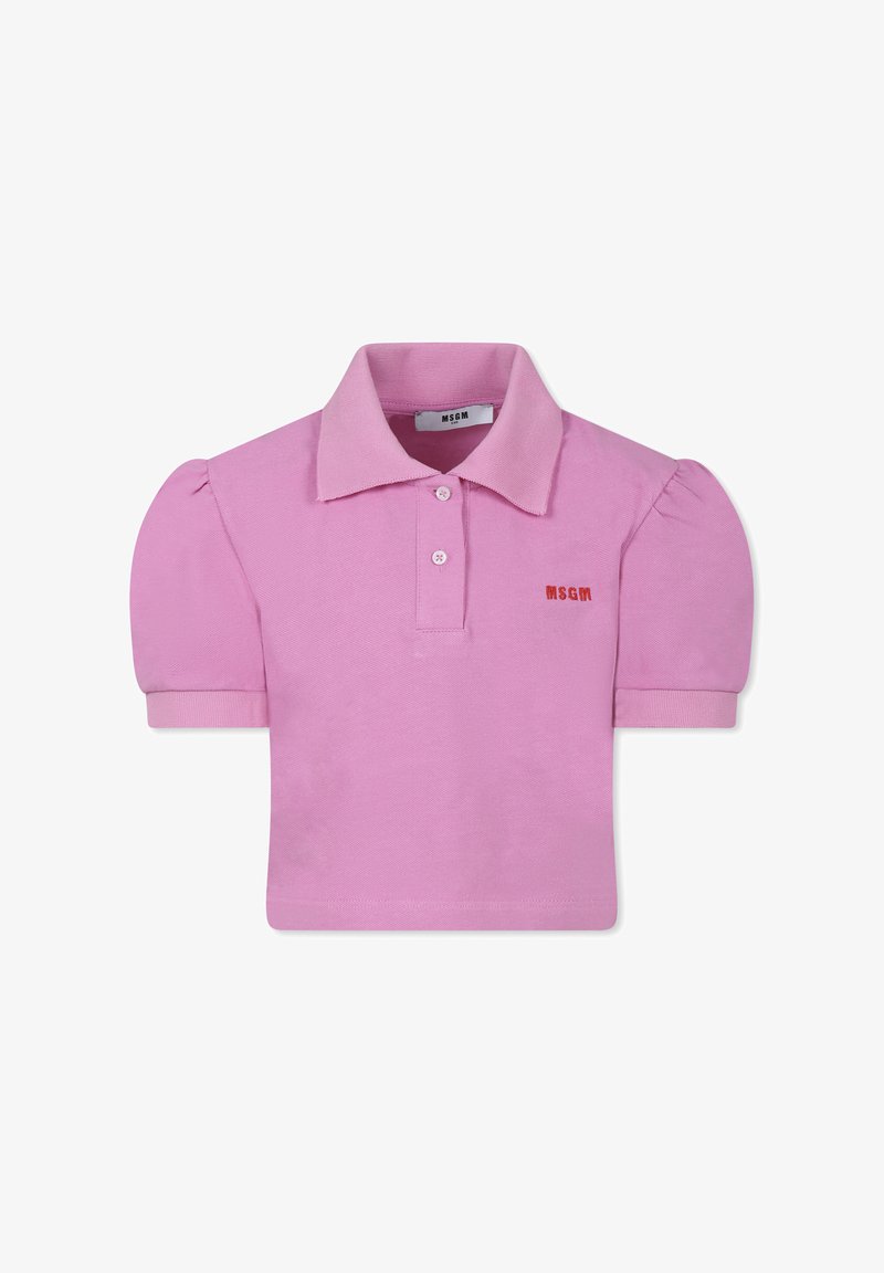 Polo shirt in cotone rosa chiaro con maniche a sbuffo corte, colletto e patta con tre bottoni. Presenta il logo rosso "MSGM" sul petto.