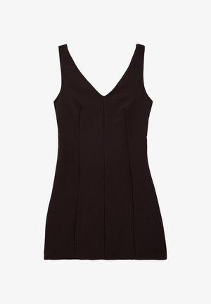 Zwarte mouwloze jurk met V-hals en verticale naaddetails, aansluitende silhouet, knielange zoom.