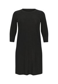 Svart stickad klänning med rund halsringning och trekvartsärmar. Enkel design, längd till mitten av låret, textil med struktur utan mönster.