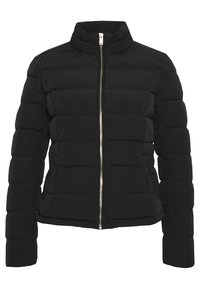 Giacca a vento nera con colletto alto, zip frontale e motivo a righe orizzontali trapuntato, con una forma leggermente aderente.
