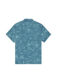 Korte mouwen shirt in teal stof met reliëf tropische patronen met palmbomen en geometrische vormen over de gehele achterkant.