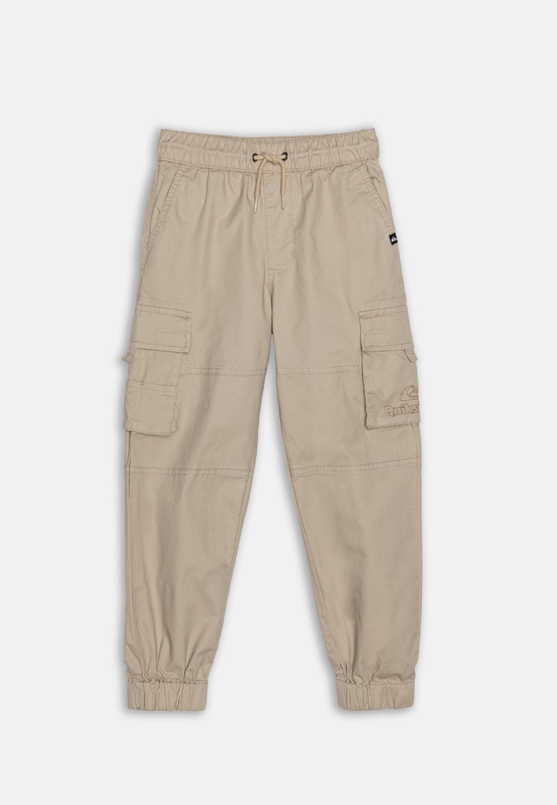 Beige cargo bukser med elastisk talje og manchetter, med to sidelommer og to cargo-lommer. Glat, letvægtsstof.