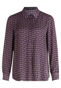 Long-sleeve blouse in purple fabric featuring a geometric pattern in shades of gold and brown, with a buttoned placket and collar.