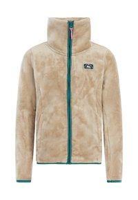 Beige fleecJas met hoge kraag, teal rits en afwerking, ritssluiting aan de voorkant en logo patch op de linker borst. Zachte, lichte textuur.