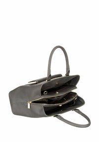Sac en cuir gris avec deux compartiments à fermeture éclair, poignées doubles et accents en métal doré. Présente une surface texturée et un espace interne généreux.