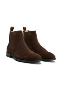 Brown suede ankle boots with elastic side panels, pointed toe, and pull tabs. Rubber sole with a low heel. Smooth texture.