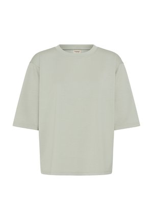 Schlichtes, hellgraues, übergroßes T-Shirt mit kurzen Ärmeln, rundem Halsausschnitt und sichtbaren Nähten an den Ärmeln und am Saum.