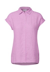 Roze linnen blouse met korte mouwen, kraag, knoopsluiting aan de voorkant en een licht gebogen zoom. Lichtgewicht structuur en casual ontwerp.