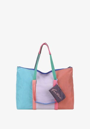 Color-blocked tote bag with light blue, lavender, and coral panels, green and pink handles, and a small attached purple pouch with a zipper.
