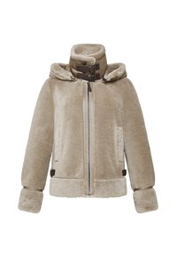 Beige nepbont jack met een ritssluiting aan de voorkant. Voorzien van een capuchon, zijzakken en bruine accenten bij de kraag en manchetten. Zachte textuur.