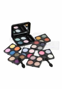 Eight rectangular eyeshadow palettes in black plastic with mirrors, featuring various colors and finishes. Includes applicators for use.