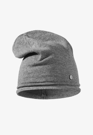 Gray beanie hat made of soft knit material, featuring a slouchy design, rolled cuff, and a small metallic logo accent.