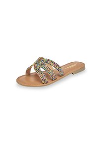 Platte slip-on sandaal met een tan synthetische zool, voorzien van kleurrijke kralenbanden in een kruislings ontwerp. Gladde afwerking, open teenstijl.