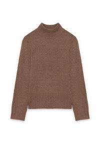 Suéter marrón de cuello alto hecho de material de punto texturizado, con mangas largas y dobladillo acanalado. Diseño sencillo con una silueta ajustada.