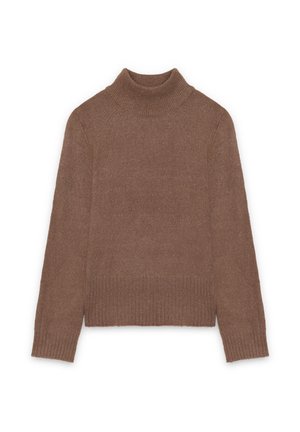 Suéter marrón de cuello alto hecho de material de punto texturizado, con mangas largas y dobladillo acanalado. Diseño sencillo con una silueta ajustada.