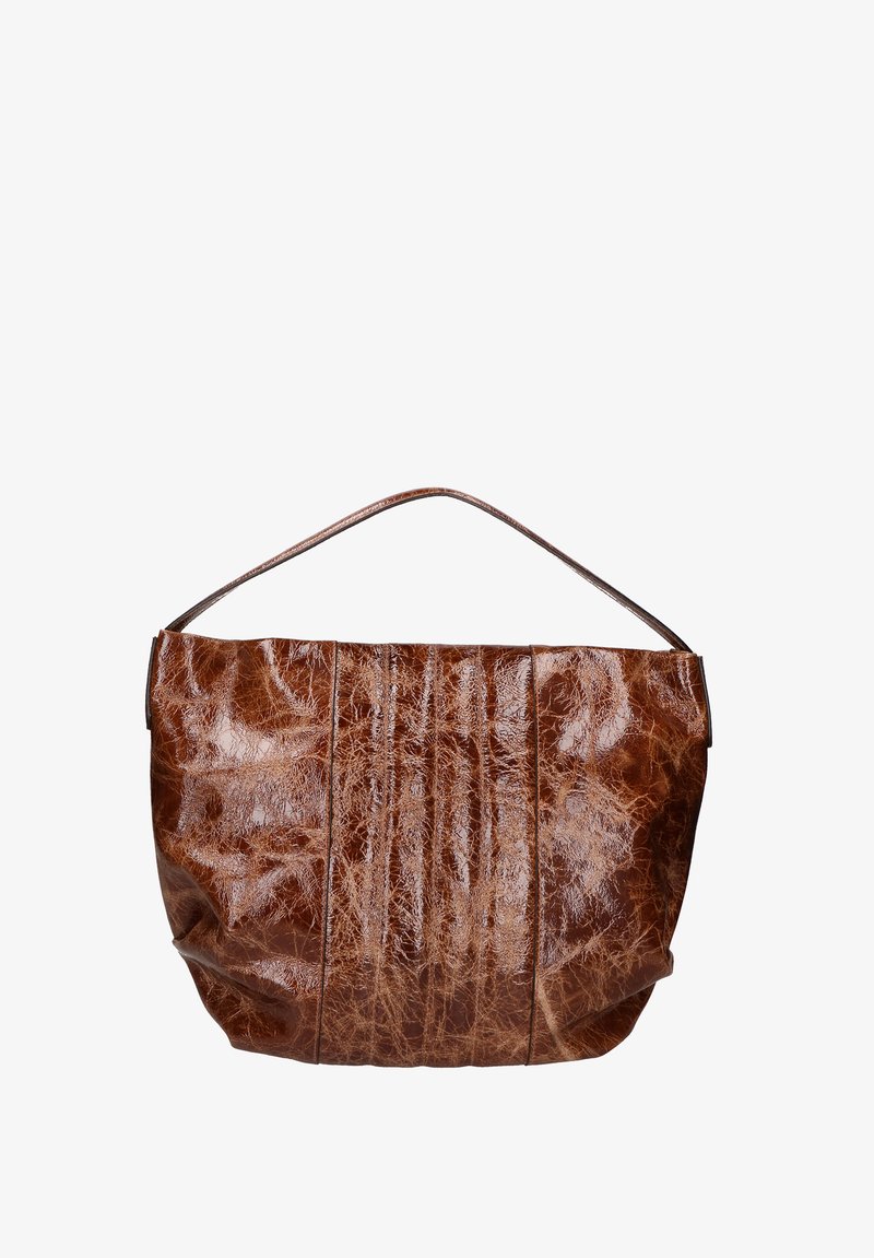 Borsa in pelle marrone con una finitura lucida e texture, caratterizzata da una forma allungata e un'unica tracolla ampia.