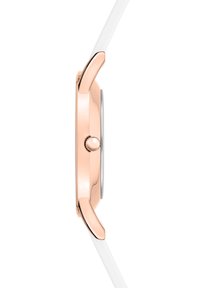 Damenuhr mit einem rose-goldfarbenen Metallgehäuse, weißem Silikonarmband und einem runden Zifferblatt mit einem silbernen Ziffernblatt und einer einzelnen Krone.