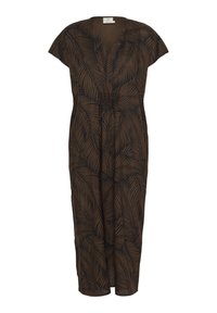 Brun jumpsuit med lövmönster, med korta ärmar, djup V-ringning och rynk vid midjan för en avslappnad passform.