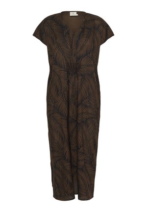 Brown jumpsuit with leaf-pattern design, featuring short cap sleeves, a deep V-neck, and gathering at the waist for a relaxed fit.