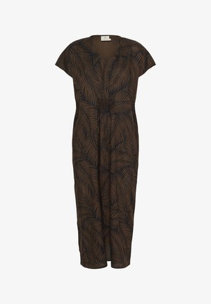 Brown jumpsuit with leaf-pattern design, featuring short cap sleeves, a deep V-neck, and gathering at the waist for a relaxed fit.