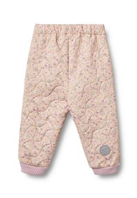 Quiltade rosa byxor med blommönster, elastisk midja, ribbade mudd, och en cirkulär logotypdetalj på höger ben.