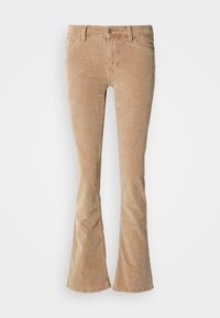 Beige flaired corduroy broek met een textuur oppervlak, vijf zakken ontwerp en een metalen knoopsluiting met een ritssluiting.