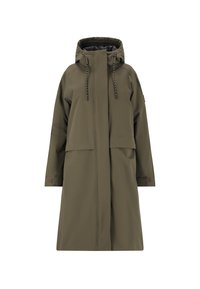 Langer olivgrüner Regenmantel mit Kapuze, Frontreißverschluss, verstellbaren Kordeln, Klappentaschen und langen Ärmeln mit Handgelenkverschlüssen.