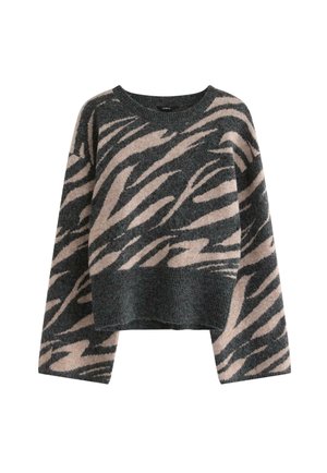 Maglione di lana verde scuro con un motivo a strisce zebra beige chiaro, dotato di collo rotondo e maniche ampie, che offre una vestibilità rilassata.