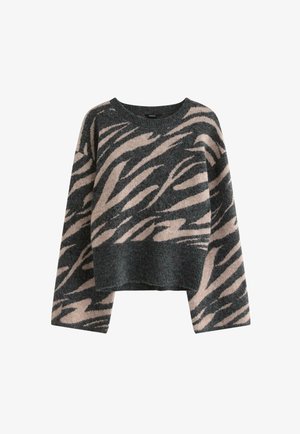 Uldsweater i mørkegrøn med et lys beige zebra-stribemønster, med rund hals og brede ærmer, som giver en afslappet pasform.